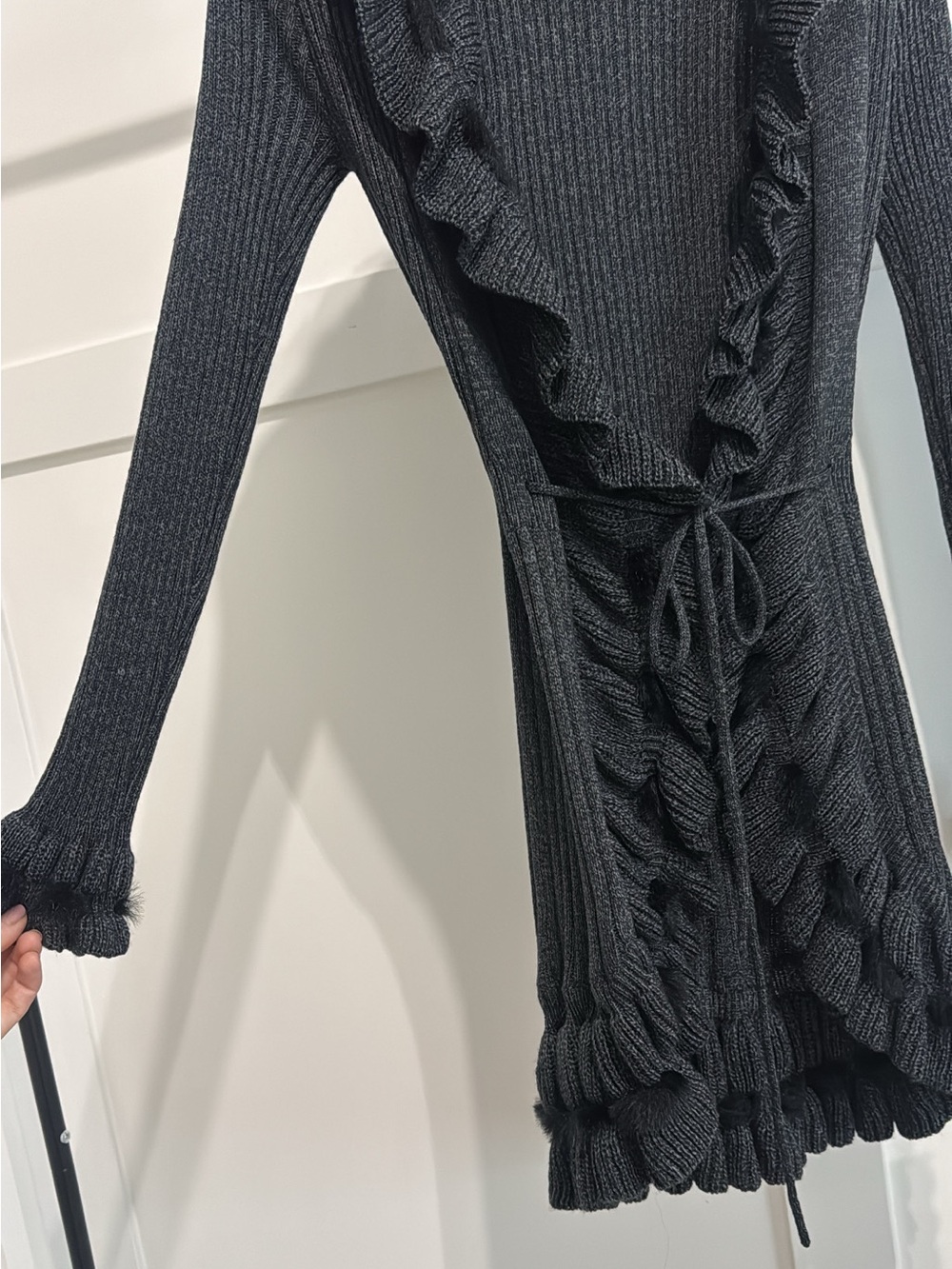 Grey Ruffled whimsigoth Open-Front Knit Cardigan - Picture 3 of 9
